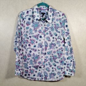 03174 Talbots cream w/purple, aqua, & pink L/S cotton button up shirt M NWT